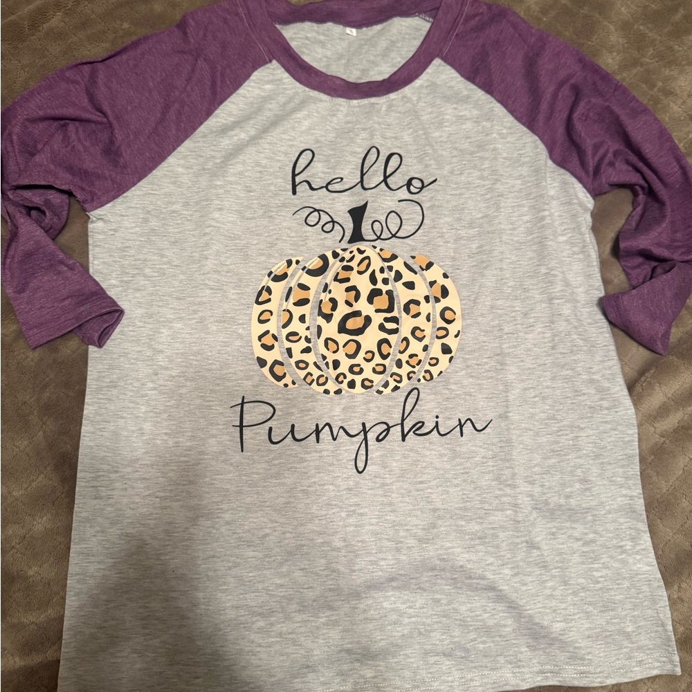 Boutique Purple & Gray Raglan Tee with Pumpkin Design